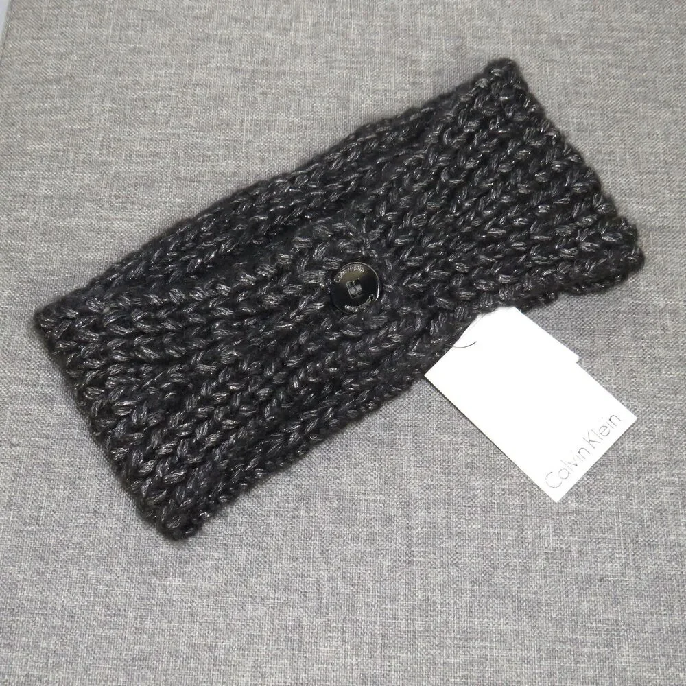 CALVIN KLEIN Black Silver Metallic Sweater Knit Cozy Ear Warmer Headband